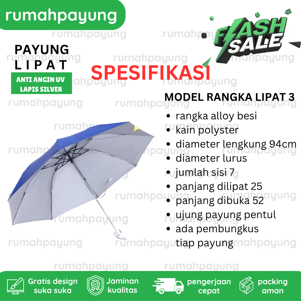 payung lipat anti angin lapis silver sablon pres dtf